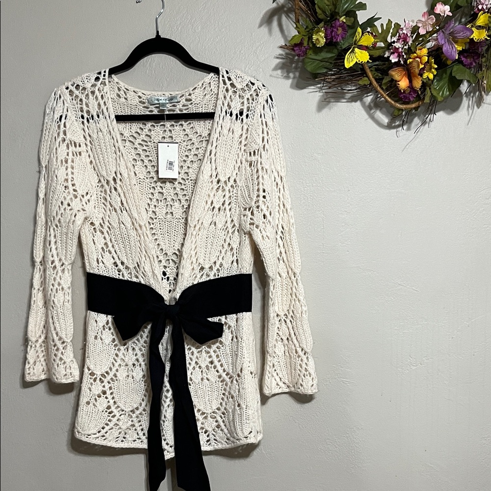 🌾Beth Bowley Cream Lace Cardigan with Black Tie